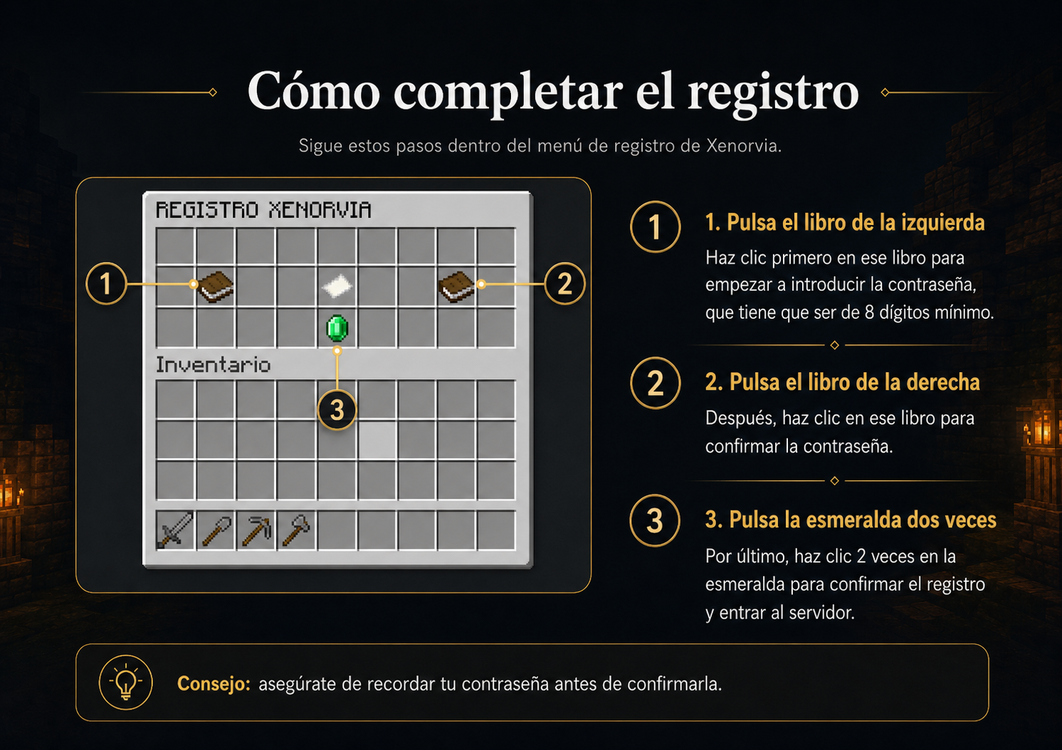 Guía visual del menú de registro de Xenorvia con libros y esmeralda